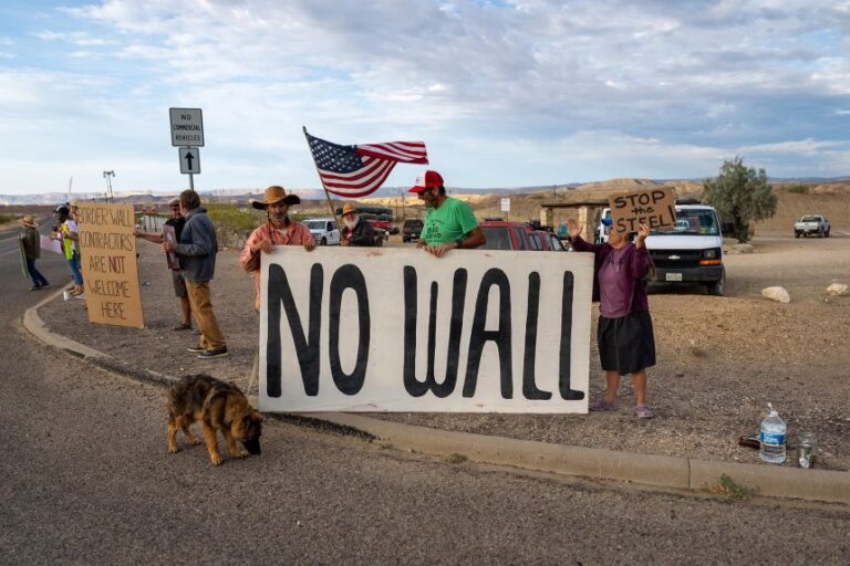 Local residents stage a weekly roadside protest against proposed border wall construction in Terlingua, Texas, on April 11.