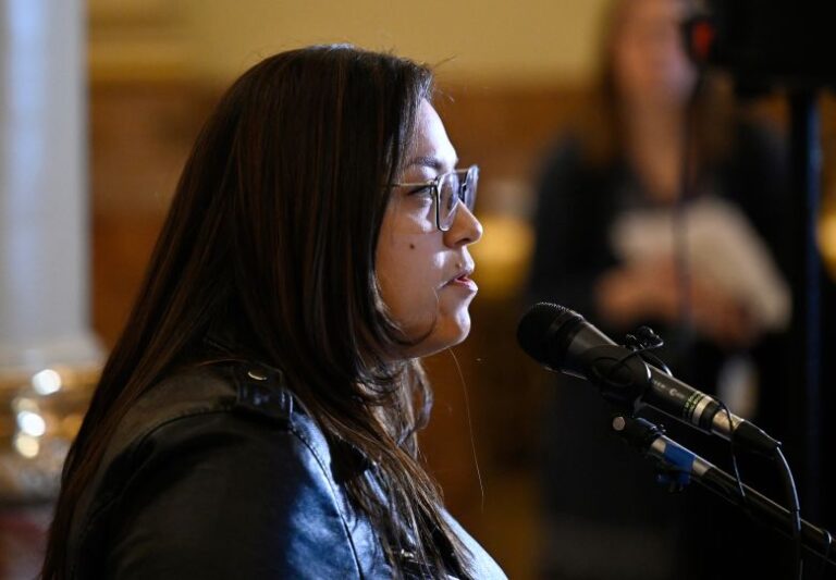 State Sen. Julie Gonzales spoke to the media supporting a package of bills to protect abortion and reproductive rights during a press conference in the West Foyer at the Colorado State Capitol on March 9, 2023, in Denver, Colorado.