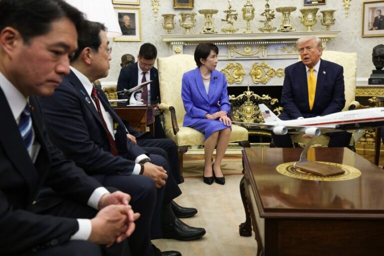 Prime Minister of Japan Sanae Takaichi listens as President Donald Trump speaks during a bilateral meeting in the Oval Office of the White House on March 19, 2026.