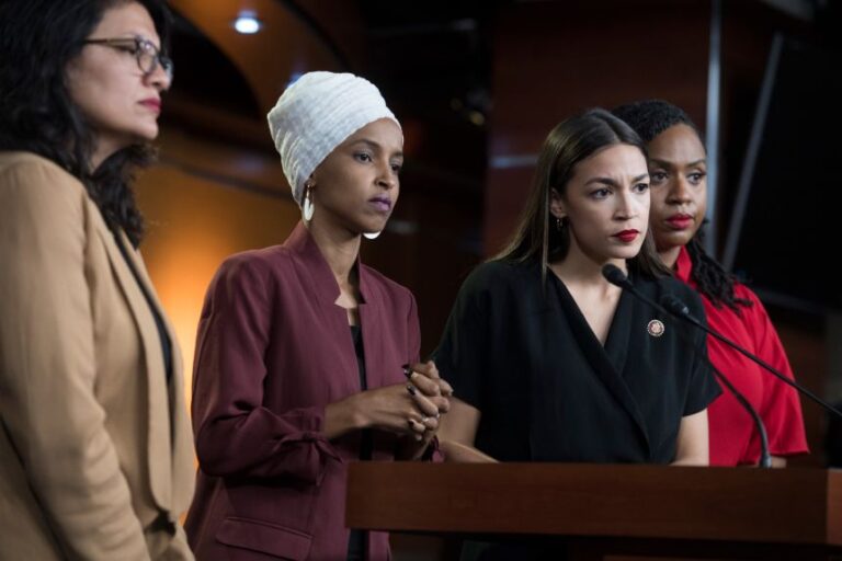 From left, Reps. Rashida Tlaib, D-Mich., Ilhan Omar, D-Minn., Alexandria Ocasio-Cortez, D-N.Y., and Ayanna Pressley, D-Mass., conduct a news conference in the Capitol Visitor Center responding to negative comments by President Trump that were directed at the freshman House Democrats on July 15, 2019.