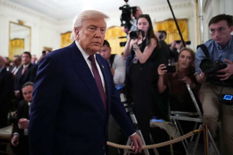 President Donald Trump departs a Medal of Honor ceremony in the East Room of the White House on June 18, 2026.