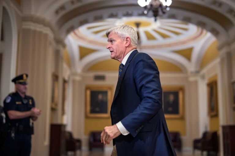 Sen. Bill Cassidy leaves a closed-door meeting with President Donald Trump and Republican senators at the Capitol in Washington, on Wednesday.