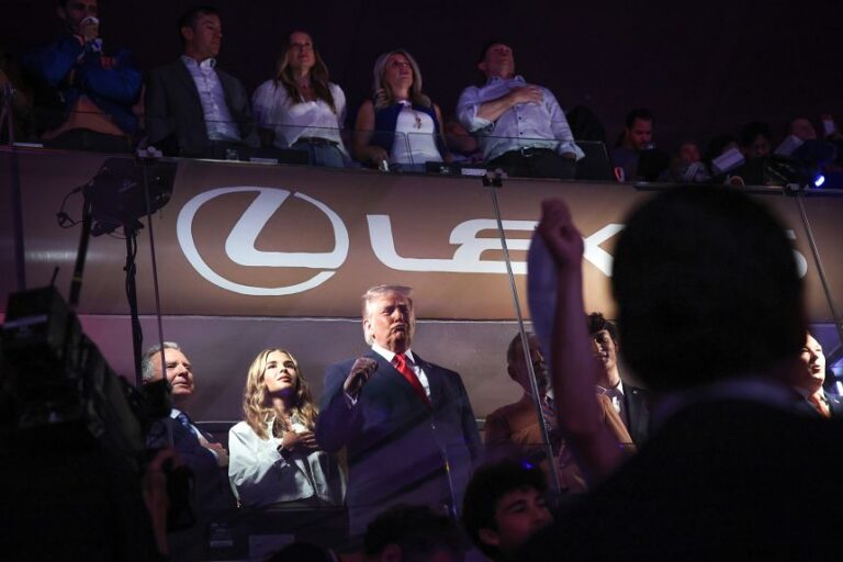 President Donald Trump listens to the national anthem before the start of Game 3 of the NBA Finals between New York Knicks and San Antonio Spurs at Madison Square Garden on June 8, 2026, in New York City.