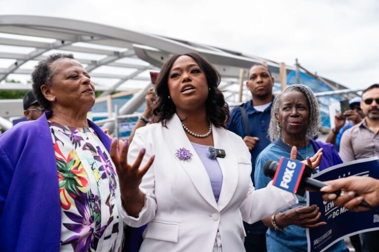 DC Ward 4 Council member Janeese Lewis George encourages supporters to vote in Washington, DC, on Monday, June 8, 2026.