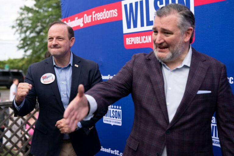 South Carolina Attorney General and Republican gubernatorial candidate Alan Wilson, left, and U.S. Sen. Ted Cruz (R-TX), greet voters at Doc's Barbeque on June 22, in Columbia, South Carolina.