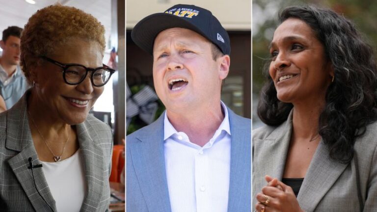 From left: Karen Bass, Spencer Pratt and Nithya Raman.
