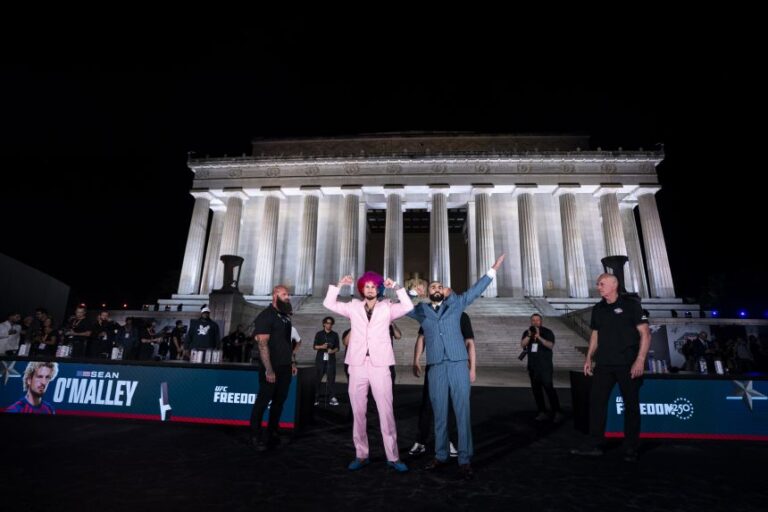 UFC fighters Sean O'Malley and Aiemann Zahabi face off during a press conference at the Lincoln Memorial on June 12, 2026.