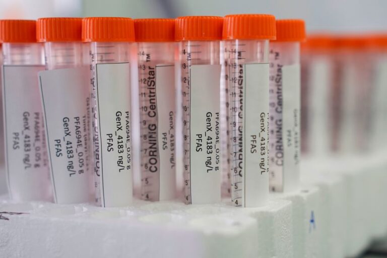 Vials containing PFAS samples sit in a tray April 10, 2024, at a US Environmental Protection Agency lab in Cincinnati, Ohio.