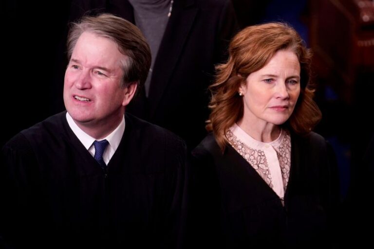 Brett Kavanaugh, associate justice of the US Supreme Court, left, and Amy Coney Barrett, associate justice of the US Supreme Court, during a joint session of Congress in the House Chamber of the US Capitol in Washington, DC, on March 4, 2025.