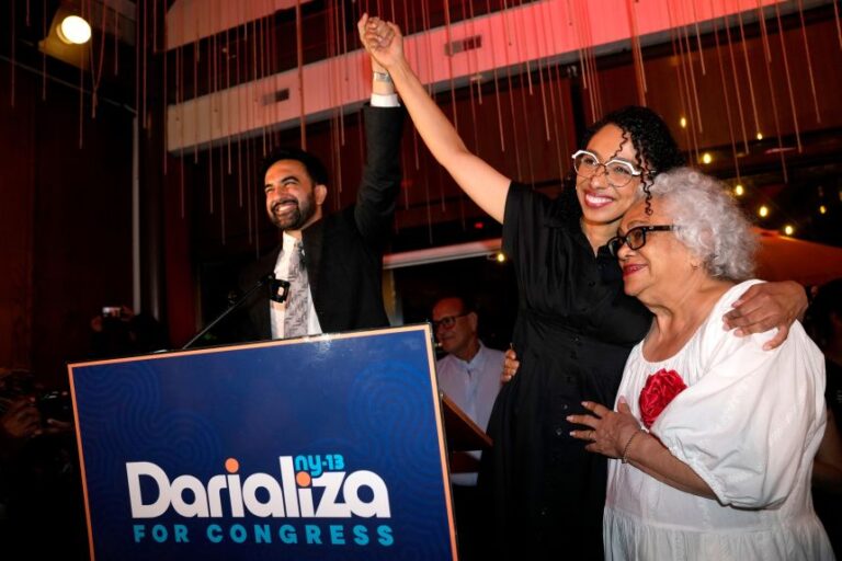 New York Mayor Zohran Mamdani celebrates with Democratic congressional candidate Darializa Avila Chevalier and organizer Carmen Rojas, during an election night watch party in New York, on Tuesday, June 23, 2026.