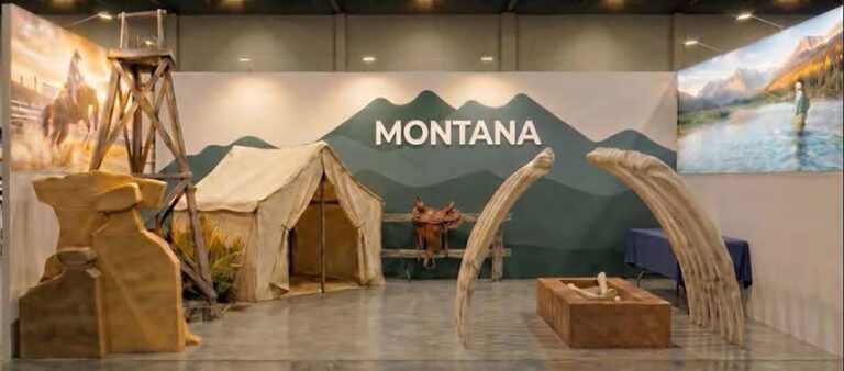 A rendering shows the proposed display for Montana, including a fossil digging station.