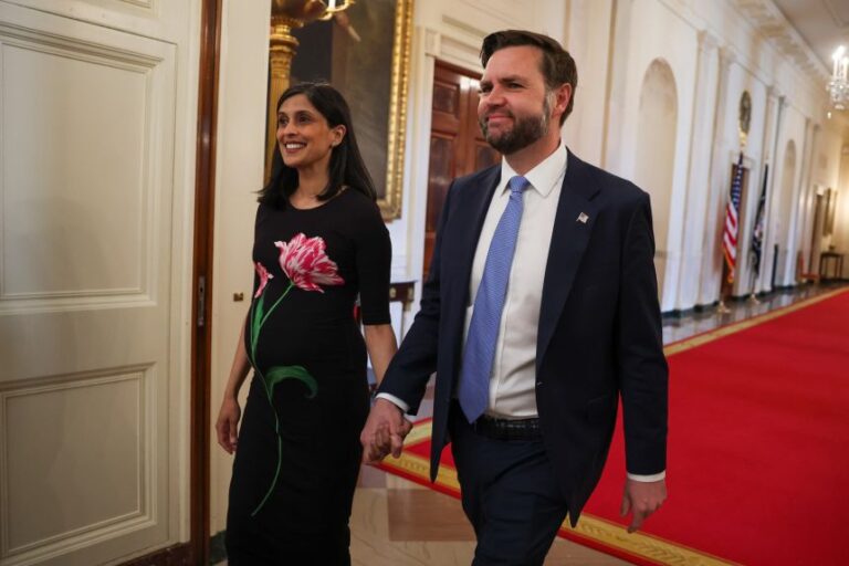 Second lady Usha Vance and US Vice President JD Vance arrive for a military mothers celebration in the East Room of the White House on May 6, in Washington, DC.