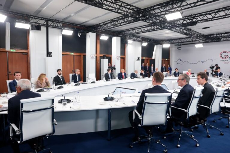 G7 leaders, G7 outreach partners and global tech CEOs attend a working lunch on innovation and AI at the G7 Summit on June 17, 2026 in Evian-les-Bains, France.