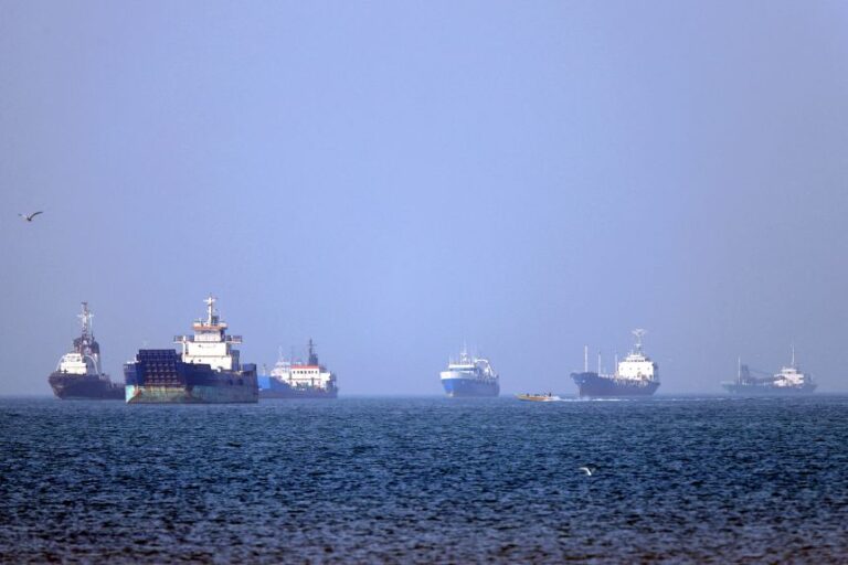 Vessels are pictured anchored in the Strait of Hormuz off Bandar Abbas in southern Iran, are seen in this image obtained from Iran's ISNA news agency on May 4.