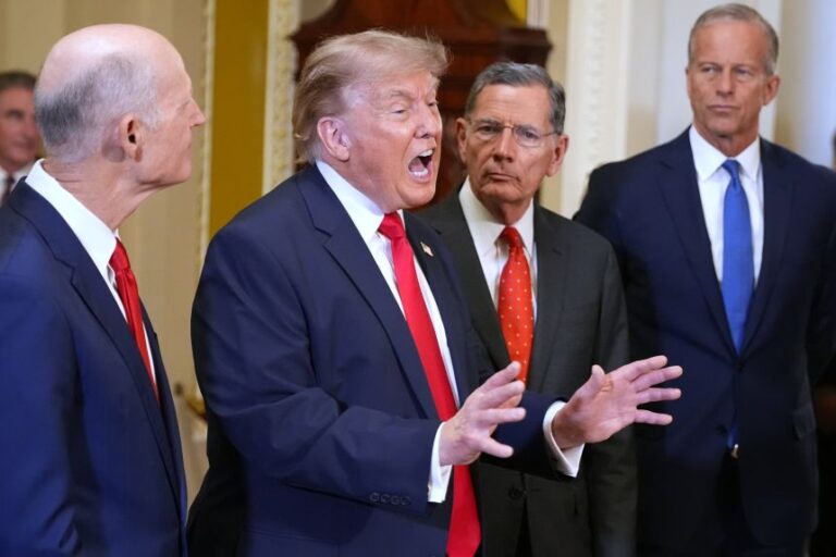 President Donald Trump speaks with reporters as Sen. Rick Scott, R-Fla., from left, Sen. John Barrasso, R-Wyo., and Senate Majority Leader John Thune, R-S.D., listen on Capitol Hill, Wednesday, June 24, 2026.