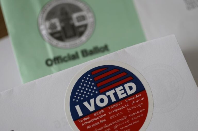 In this photo illustration, a Los Angeles County election ballot and 'I Voted' sticker are displayed on June 2, 2026 in Los Angeles.