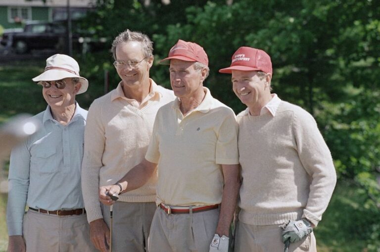 George Bush with family and brothers playing golf, from left are Prescott, William