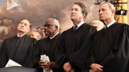 Supreme Court Justices Samuel Alito Jr., Clarence Thomas and Brett Kavanaugh and Chief Justice John Roberts look on during inauguration ceremonies in the US Capitol on January 20, 2025, in Washington, DC.