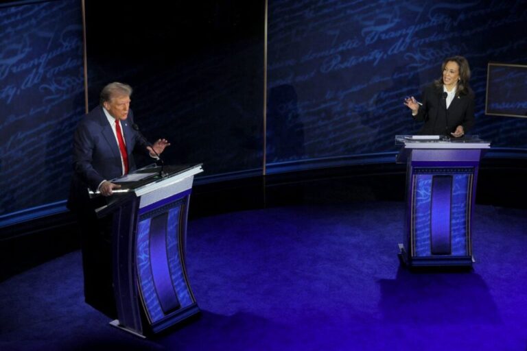 President Donald Trump and Democratic presidential nominee Vice President Kamala Harris both speak as they attend a presidential debate hosted by ABC in Philadelphia, Pennsylvania, on September 10, 2024.