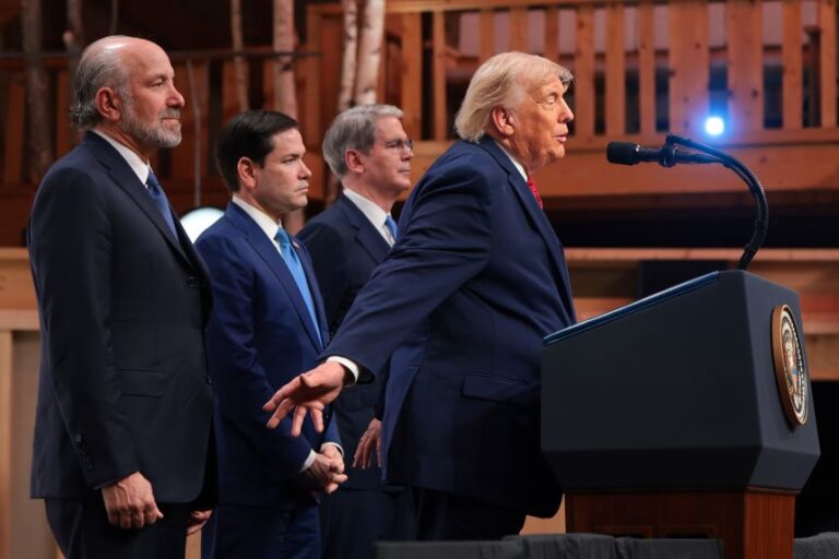 U.S. President Donald Trump (R) is joined by (L-R) U.S. Commerce Secretary Howard Lutnick, U.S. Secretary of State Marco Rubio and U.S. Treasury Secretary Scott Bessent as he speaks at a press conference during the G7 Leaders' Summit on June 17, 2026 in Evian-les-Bains, France.