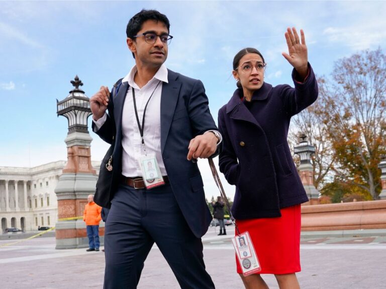 In this 2018 photo, Alexandria Ocasio-Cortez and her chief of staff Saikat Chakrabarti on Capitol Hill in Washington, DC.
