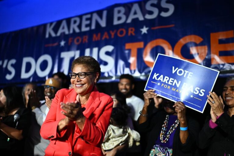 Los Angeles Mayor Karen Bass speaks during an election night event Tuesday, June 2, 2026, in Los Angeles.