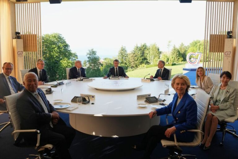 From left, European Council President Antonio Costa, German Chancellor Friedrich Merz, British Prime Minister Keir Starmer, USPresident Donald Trump, French President Emmanuel Macron, Canadian Prime Minister Mark Carney, Italian Prime Minister Giorgia Meloni, Japan's Prime Minister Sanae Takaichi and European Commission President Ursula von der Leyen during a working dinner at the G7 summit in Evian-les-Bains, France, on Monday.