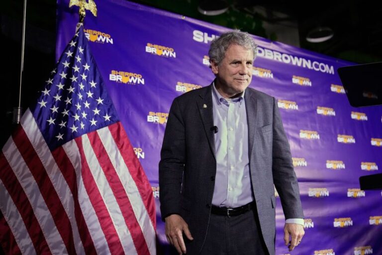 Democratic Ohio Senate candidate Sherrod leaves the stage after speaking at a primary election night campaign event in Cleveland, Tuesday, May 5, 2026.