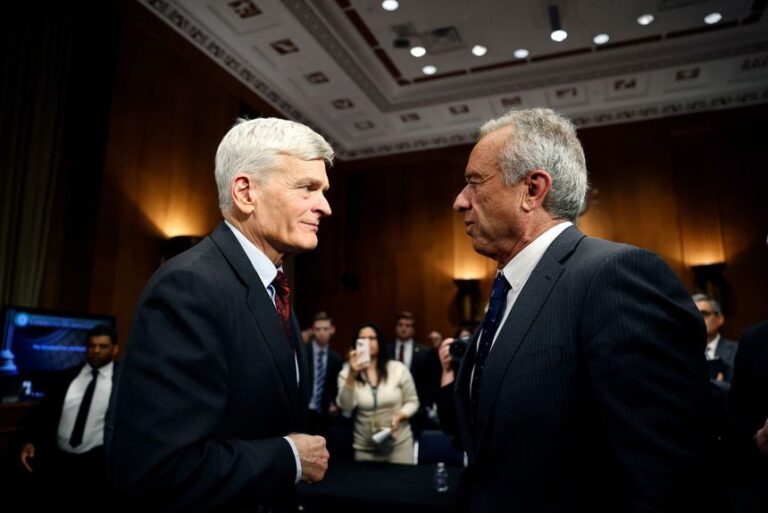Kennedy speaks with Cassidy after testifying in his Senate Committee on Health, Education, Labor and Pensions confirmation hearing in January 202 in Washington, DC.