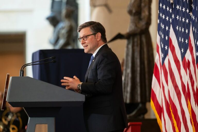 House Speaker Mike Johnson gives remarks before the unveiling of the Semiquincentennial Congressional Time Capsule in Emancipation Hall on Capitol Hill in Washington DC on Wednesday, June 24.