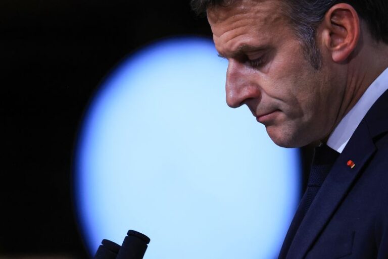 France's President Emmanuel Macron reacts during the closing press conference of the G7 summit, in Evian, eastern France, on June 17, 2026.