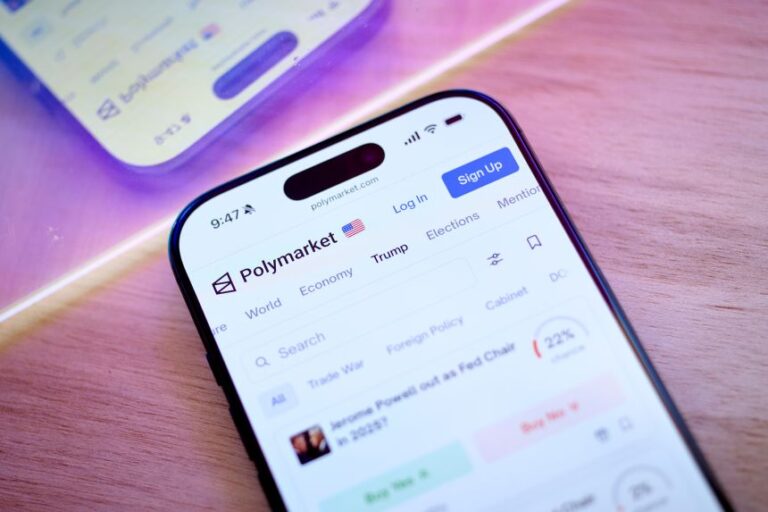The Polymarket website on a smartphone arranged in Germantown, New York, US, on Tuesday, July 22, 2025.