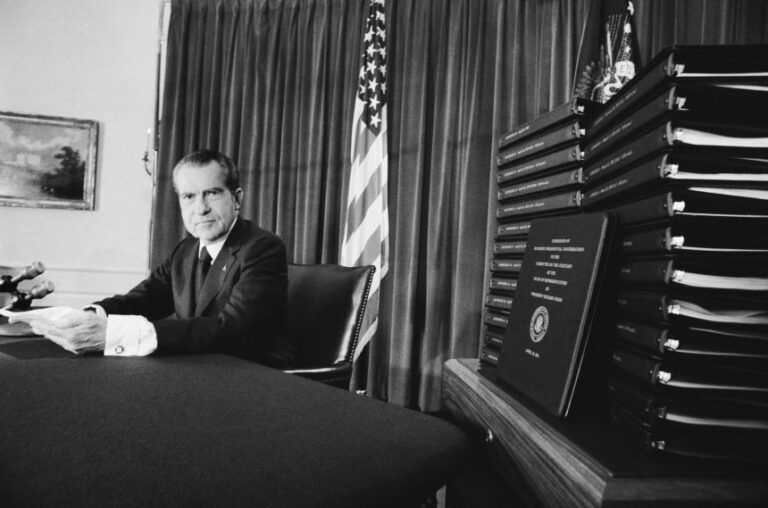 Nixon in his office after a nationwide television address months before his resignation.