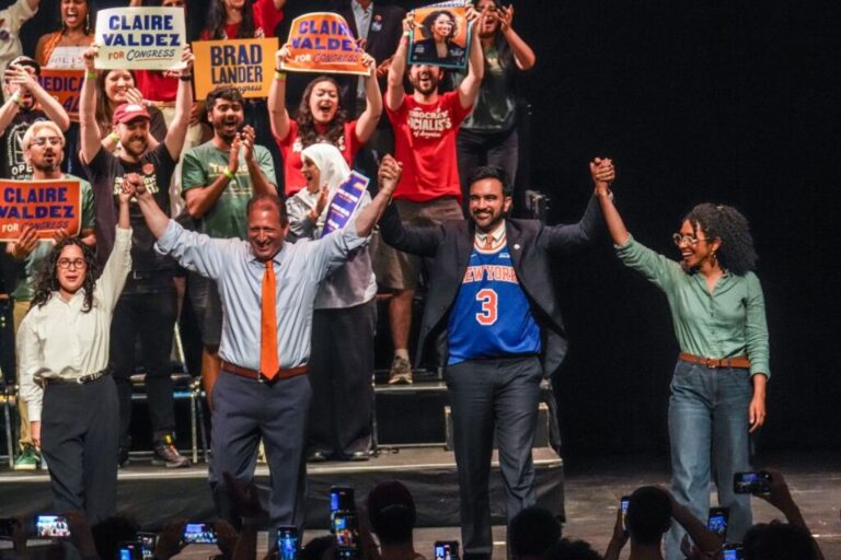 Democratic congressional candidates Claire Valdez, Brad Lander, and Darializa Avila Chevalier stand on stage with Mayor Zohran Mamdani, during a Get Out The Vote rally in the Brooklyn borough of New York, on June 18.