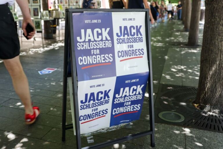 Campaign signage for Jack Schlossberg outside a polling location at the Metropolitan Museum of Art on the first day of early voting for a primary election in New York, US, on Saturday, June 13, 2026. New York will hold its primary election on June 23.
