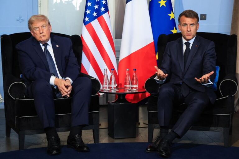 US President Donald Trump attends a bilateral meeting with France's President Emmanuel Macron on the sidelines of the G7 summit, in Evian, central-eastern France on Monday.