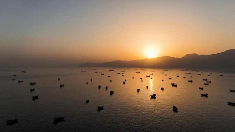 A drone view shows vessels anchored in the Strait of Hormuz as seen from Musandam, Oman, June 3.