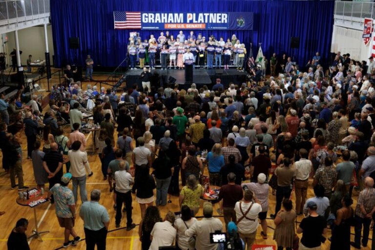 Democratic US Senate candidate Graham Platner speaks at his primary election event on June 9 in Blue Hill, Maine.