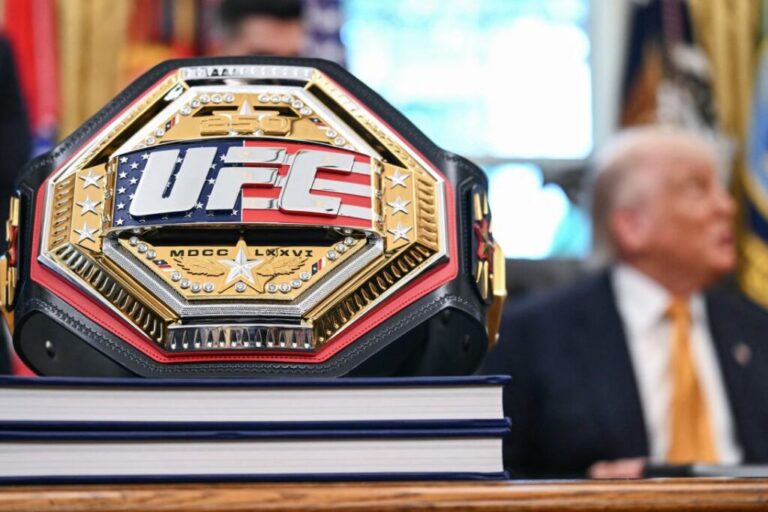 A UFC championship belt is displayed as US President Donald Trump speaks about the upcoming