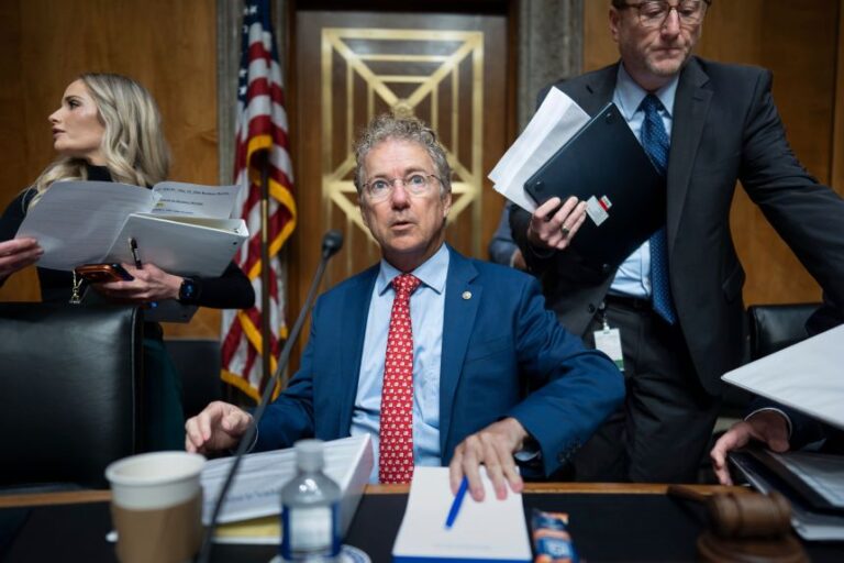 Chairman Rand Paul takes his seat as the Senate Homeland Security Committee begins the full markup of recommendations on the bill to fund immigration enforcement agencies for the next three years, at the Capitol in Washington, on May 19, 2026.