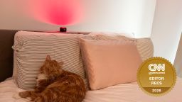 Helight Sleep Red Light Therapy Device on top of a bed with sleeping cat.