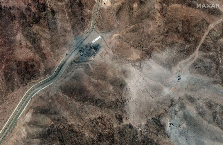 This satellite image shows the Fordow nuclear facility in Iran on June 24, 2025. The image shows new damage to the facility caused by June 23 strikes, including craters along the access roads that lead to the tunnel entrances and the Fordow underground complex.