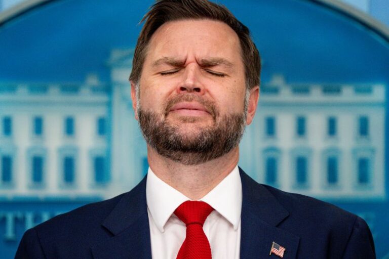 Vice President JD Vance reacts to a question from a reporter during a news conference in the Brady Press Briefing Room at the White House on June 18, 2026, in Washington, DC.
