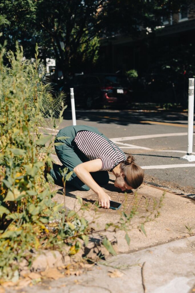 Michelle Mingrone checks sewer grates in her neighborhood. When water is trapped inside, mosquitoes can breed easily.