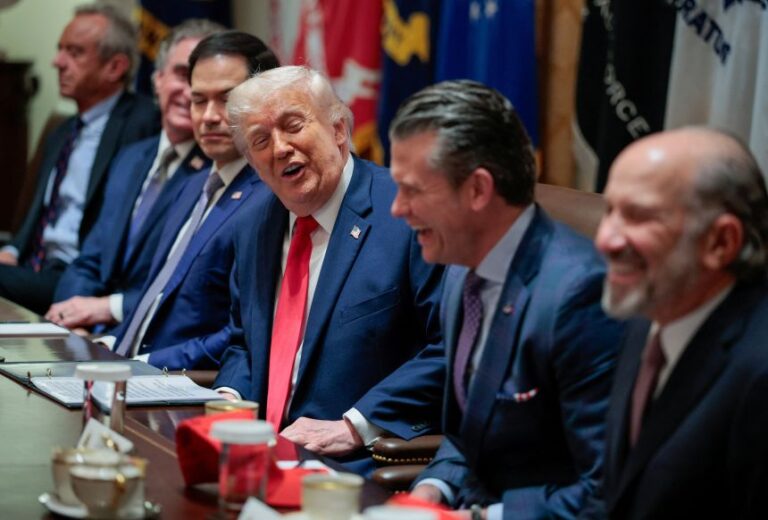 President Donald Trump, Defense Secretary Pete Hegseth and Commerce Secretary Howard Lutnick react during a Cabinet meeting at the White House on May 27, 2026.