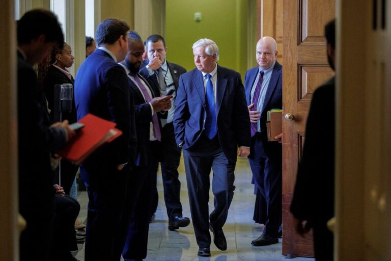 US Senator Lindsey Graham exits after attending a weekly policy lunch on Capitol Hill, May 19.