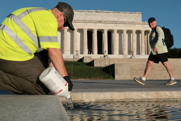 A US National Park Service worker dumps bottles of hydrogen peroxide in the Lincoln Memorial Reflecting Pool as part of their effort to mitigate an algae bloom which followed the completion of recent renovations in Washington, D.C. on June 16, 2026.