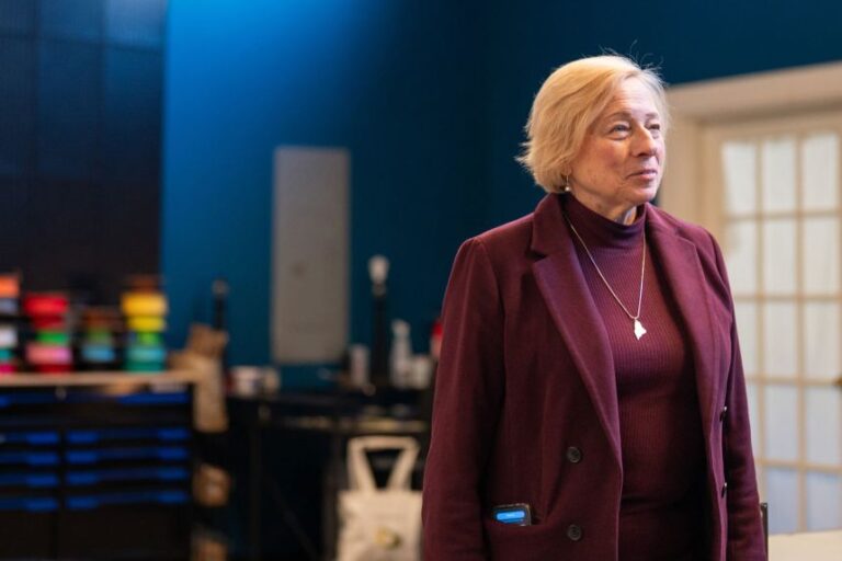 Maine Gov. Janet Mills during a visit to 3DSpaceGarden studio in Westbrook, Maine on March 10.