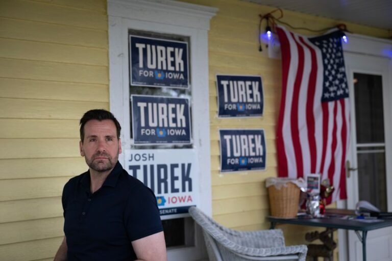 Democratic US Senate Candidate Josh Turek speaks to guests during a campaign event at the Noethe family farm in Westside, Iowa, on May 29, 2026.