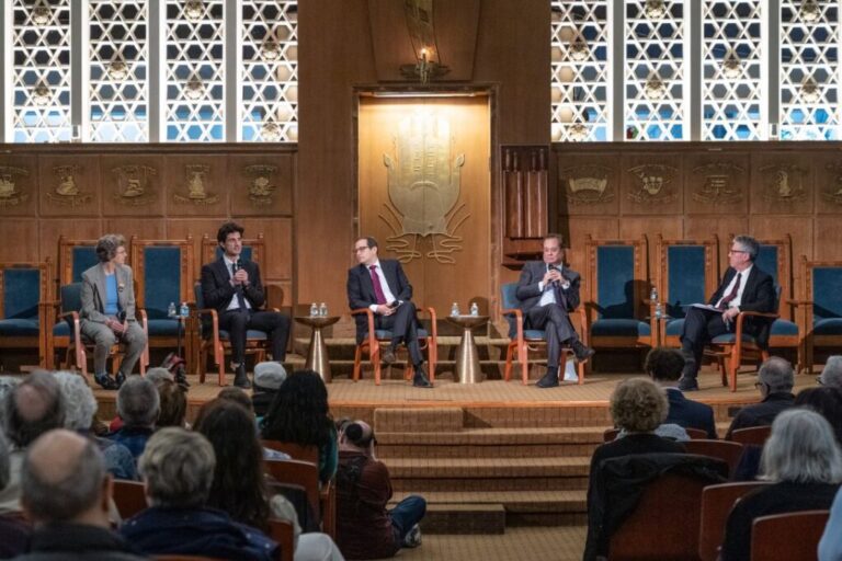 Democratic congressional candidates Nina Schwalbe, Jack Schlossberg, Micah Lasher and George Conway attend a public forum moderated by Rabbi Ammiel Hirsch at Stephen Wise Free Synagogue in New York City on May 6, 2026.